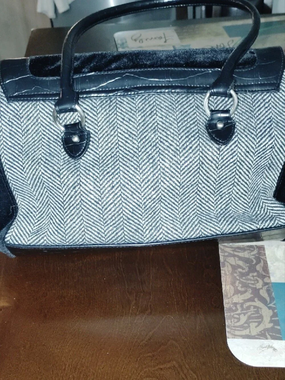 Black Patchwork Tote Bag with Decorative Accent
